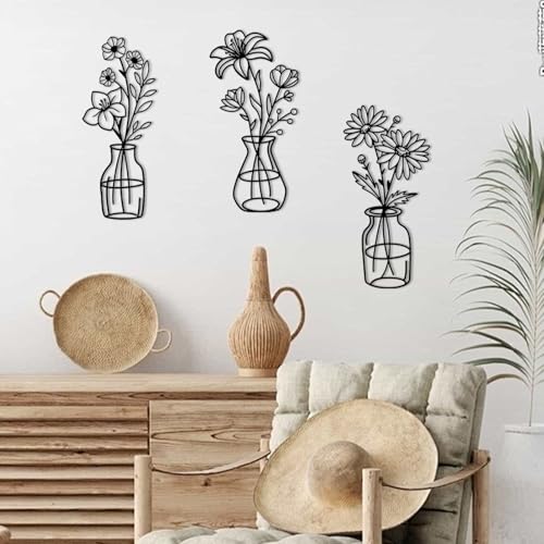 OYEFLY 3 Pieces Metal Flowers Wall Arts,Black Metal Vase Wall Art,Rustic Farmhouse Decor (Black)