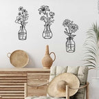 OYEFLY 3 Pieces Metal Flowers Wall Arts,Black Metal Vase Wall Art,Rustic Farmhouse Decor (Black)
