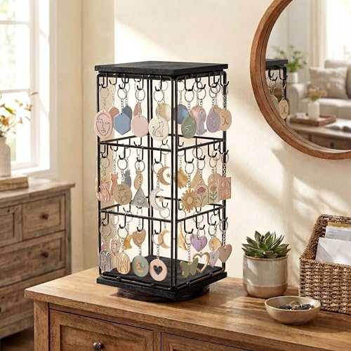 Rotating Earring Display Stands, 48 Hooks Earring Display for Vendors, Jewelry Display Earring Holder Organizer Earring Display Stands for Selling (Black) - color: Black