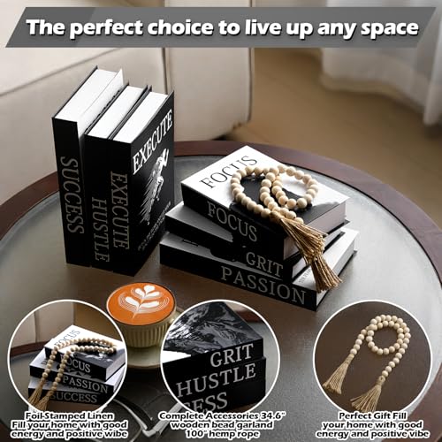 Menkxi 6 Motivational Decorative Books with Wood Bead Tassel Garland - Modern Faux Books for Office Desk, Bookshelf & Coffee Table Decor - Inspirational Aesthetic Black & White Fake Book Box Set - style: Focus