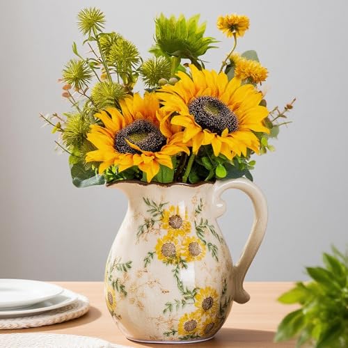 for Mom from Daughter or Son, Sunflower Vintage Ceramic Yellow Floral Pitcher Vase with Handle 7.9”, Rustic Farmhouse Chinoiserie Vase, Grandmillennial Decor for Living Room - color: Yellow Sunflower - 004