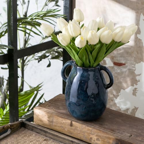 Blue Ceramic Vase with 2 Handles for Modern Farmhouse Home Decor, Vintage Rustic Decorative Vases, Small Vase for Fresh and Dried Flowers, Centerpiece Table Decorations, 7 Inch - color: 1 Blue Handles