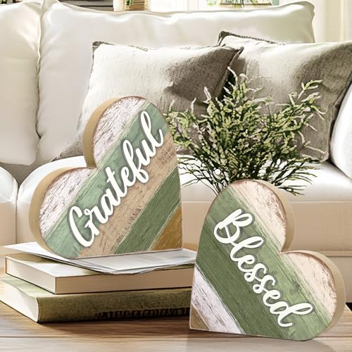 Jetec 2 Pcs Rustic Wooden Heart Table Decor, Daisy Farmhouse Home Decor, Bless This Home & Be Kind Sign for Living Room, Dining Room, Shelf & Mantel, Ideal Housewarming & Birthday Gift(Blessed Style) - style: Blessed Style