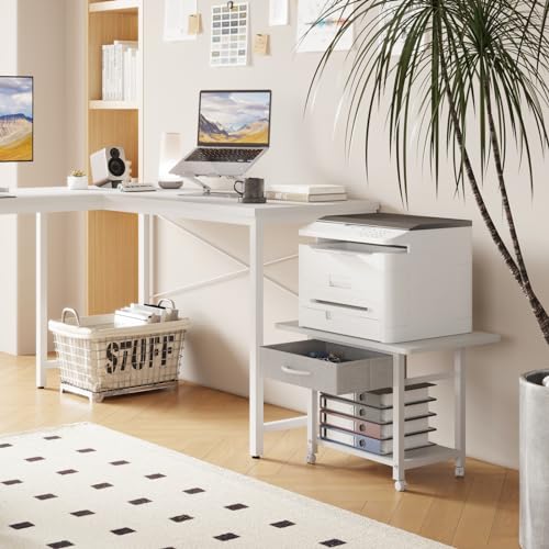 YAOHUOO 22"x15" Large Printer Stand with Storage Drawer, 2-Tier Under Desk Table for Home Office, Fits Fax Machine/3D Printer/Scanner (White) - color: White, size: 2-Tier