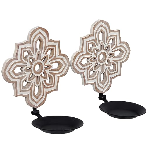 Openwork Carving Candle Sconces Set of 2 - Farmhouse Rustic Wall Decor, Wooden Sunflower Candle Holder, Decorative Hanging Art for Living Room, Bedroom, Porch, Entrance