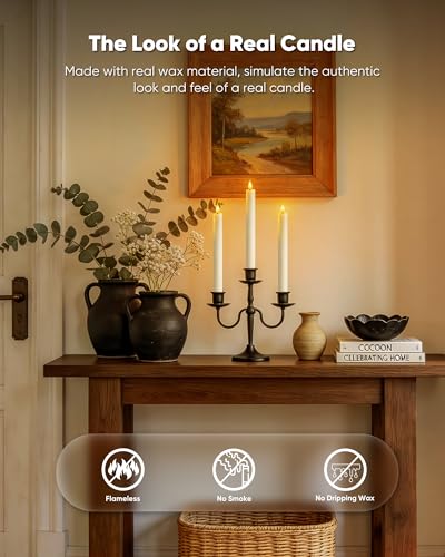 Homemory 6 Pcs Wax Flameless Taper Candles with Remote Timer and Dimmer, White Candle Sticks Battery Operated, LED Window Candles with Flickering Light, 9.6 Inches for Wedding Home Indoor Decoration - style: Modern - White 9.6"