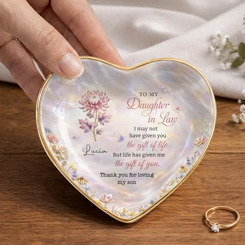 Personalized Daughter in Law Gifts Heart Shaped Jewelry Dish, Sentimental Gift from Mother-in-law, Custom Birth Flower, Birthday Gift for Daughter in Law Appreciation Present - color: Daughter In Law 132