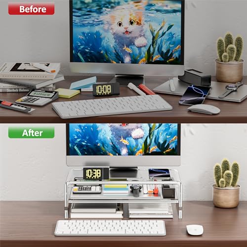 Egchi Clear Acrylic Monitor Stand Riser 2 Tier, 5.12 Inches High Clear Computer Desk Organizer Shelf for Multi Media PC Storage Laptop - size: 16''x8''x5.12''-2 Tiers