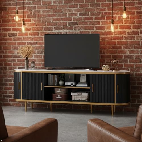 EROMMY 70" Fluted TV Stand, TV Entertainment Center with Storage for TVs Up to 80", Modern TV Console with Faux Marble Top, Curved Design, Tambour Sliding Doors (Black) - color: Black