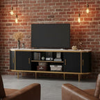 EROMMY 70" Fluted TV Stand, TV Entertainment Center with Storage for TVs Up to 80", Modern TV Console with Faux Marble Top, Curved Design, Tambour Sliding Doors (Black) - color: Black