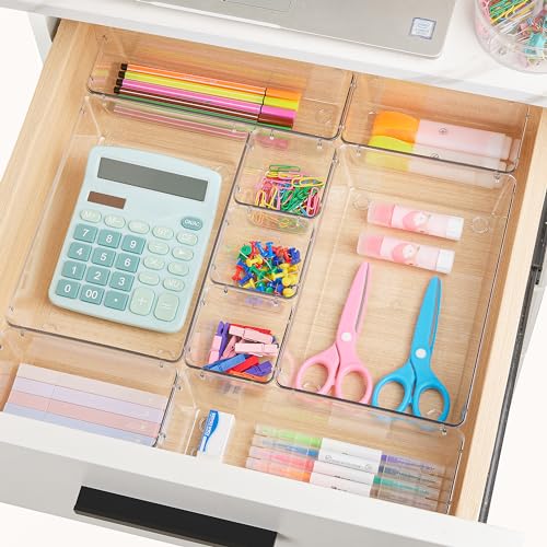 Vtopmart 15 PCS Clear Plastic Drawer Organizers Set, 4-Size Versatile Bathroom and Vanity Organizer Trays, Non-Slip Storage Containers for Makeup, Jewelries, Bedroom，Kitchen Utensils and Office - style: 15 PCS