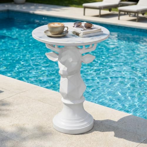 Deer Side Table for Living Room - 20" Faux Marble Top Accent End Table with Hand-Carved Resin Deer Statue Base - Modern Round Bedside Table for Bedroom, Patio, Entryway,Gift - Tool-Free Setup - color: White Deer