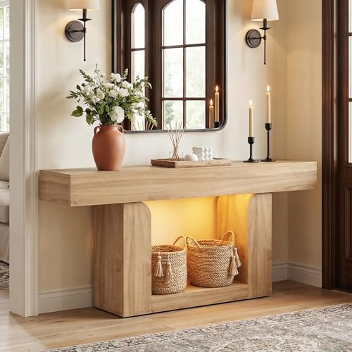 Homieasy Console Table, 63" Entryway Table with LED Lights & Charging Station, Farmhouse Wooden Sofa Table Behind Couch, Narrow Hallway Table for Living Room, Foyer, Entry, Natural Oak - color: Natural Oak, size: 63"