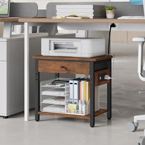 Gewudraw Printer Stand with Charging Station, 2-Tier Under Desk Printer Table, Side Table with Storage Shelves for Home Office, Living Room, Bedroom, Bathroom, Brown - color: Rustic Brown, size: 2 layer & CS