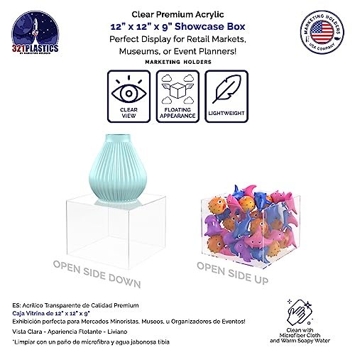 12" x 12" x 9" Riser Display Box Clear Acrylic Pedestal with One Open Side No Lid Versatile Square Dust Cover Retail Product Throne or Merchandise Storage Bin by Marketing Holders - color: Clear, size: 12"w x 12"d x 9"h