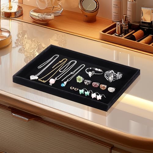 Mornajina 13.8" x 9.5" Velvet Jewelry Tray Jewelry Display Tray, Stackable Empty Plate Trays for Earrings Necklaces Bracelet Rings Display Showcase - Black - color: Black, size: Flat Tray 13.8"x9.5"