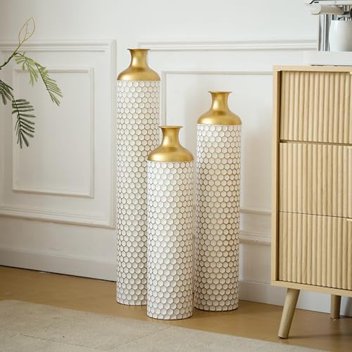 Floor Vases, Tall Home Decor Metal Vase Set of 3 Large Glazed Decorative Vases for Wedding Decor, Elegant Modern Flower Holder for Living Room, Entryway, Hallway, Dining Room - color: Leaf Scatter White Gold