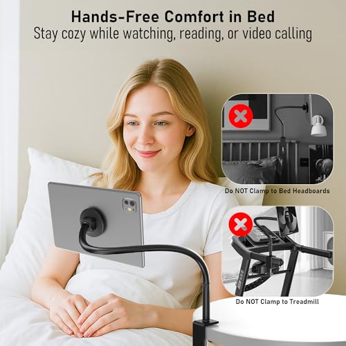 Magnetic Gooseneck Tablet Holder, iPad Desk Clamp Mount for Bed & Desk, 360 Degree Adjustable Arm, Compatible with MagSafe,Fits 4.7"-13.5" Devices, Phones, iPad Pro/Air/Mini, Kindle Fire, Galaxy Tab