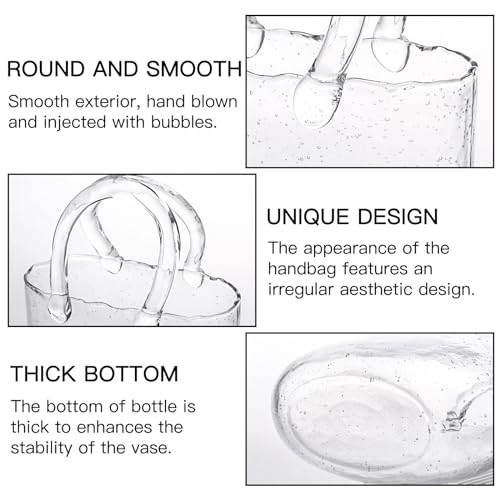 Fixwal Glass Purse Vase for Flowers, Clear Bag Vases with Handle, Unique Cute Handbag Shape Decorative Flower Vases with Fish Bowl for Centerpieces Home Table Shelf Decor Birthday