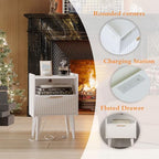 YAUKOMEL Fluted Nightstand with Charging Station, Modern Bedside Table with Drawer,White Nightstand with Solid Wood Legs, End Table,Side Table for Living Room,Bedroom White CTG57WE - color: White With Charging Station