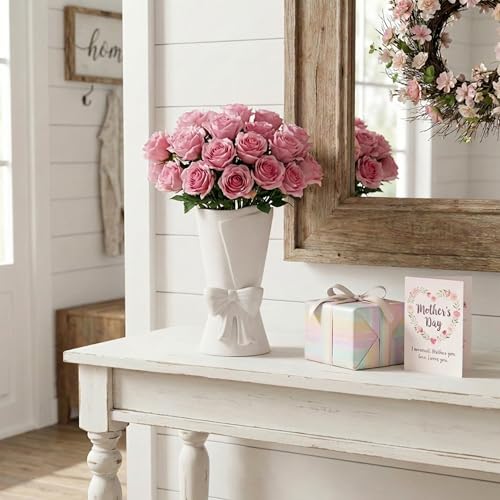 Relexome White Ceramic Bow Vase Unique Cute Decorative Bouquet Flower Vases 9.64 in Mother's Day Spring Decor Vase - color: Matte White