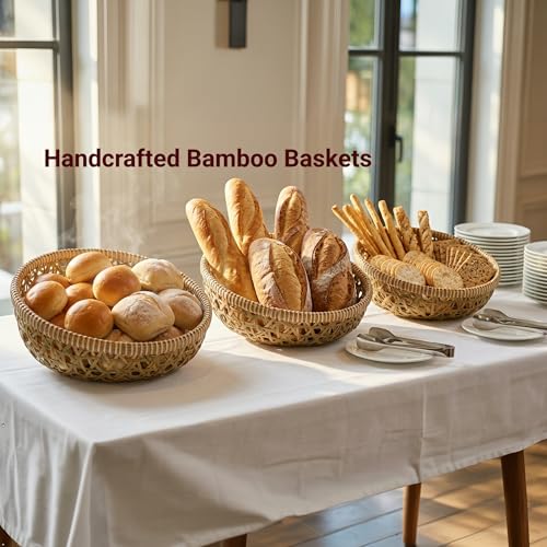Handwoven Bamboo Basket Set of 3, Decorative Wall Basket, Boho Woven Basket Decor, Round Serving Basket for Bread & Fruit, Artisan Bamboo Storage + Tongs & Brush - style: Handwoven Bamboo Basket – Decorative Flower Weave