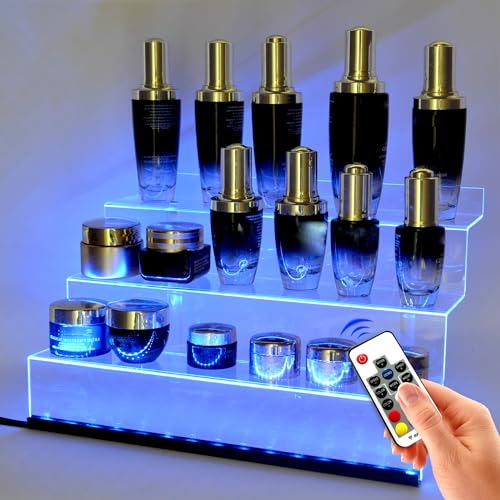 12 IN Clear Acrylic Display Riser Shelf with LED light,3 Tier Display Step Shelves Holder, Perfume Cologne Organizer Holder,Pops Toys Figures, Clear Cupcake Riser, Dessert Shelf, Decoration on - color: Clear