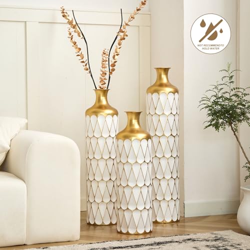 Floor Vases, Tall Home Decor Metal Vase Set of 3 Large Glazed Decorative Vases for Wedding Decor, Elegant Modern Flower Holder for Living Room, Entryway, Hallway, Dining Room - color: Triangle White Gold