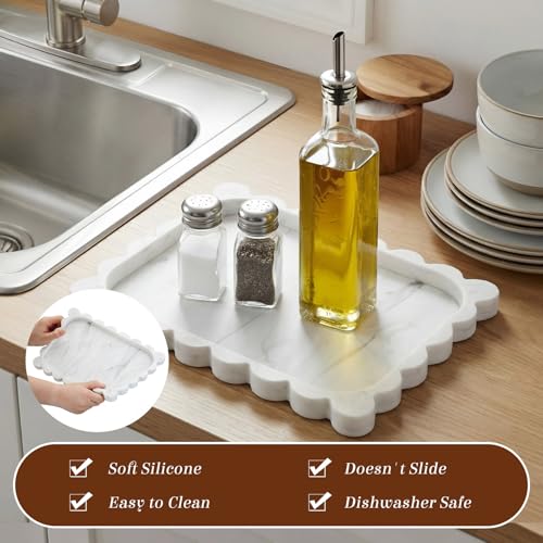 Silicone Bathroom Tray 11.5 x 8.7 Inch Scalloped Silicone Decorative Tray for Soap Dispenser Bottles, Bathroom, Dresser, Kitchen, Vanity, Home Decor, Marble Texture Design (White) - color: White