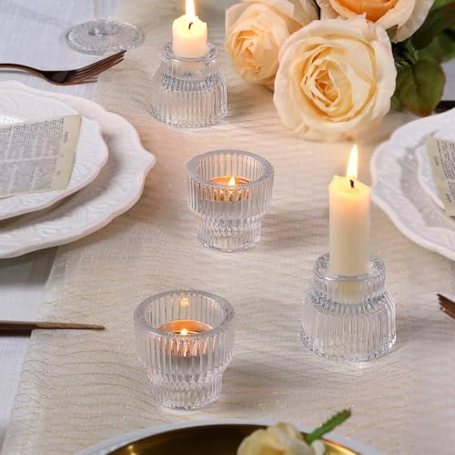 HAVITI 12 Pack Clear Taper Candle Holders, Glass Candlestick Holders, Tea Light Candle Holder for Fall Wedding Centerpieces Table Decorations, Votive Candle Holders for Table Decor - color: Clear