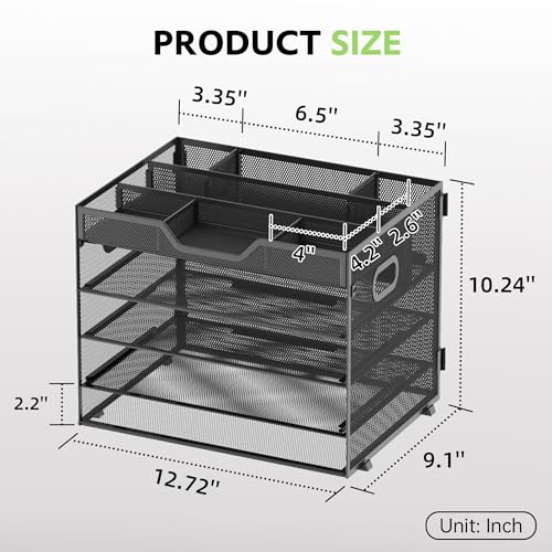 SUPEASY 5 Tier Desk Organizer, Mesh Letter Tray Paper Organizer with 4 Adjustable Storage Compartments & Pen Holder, Metal Desk Accessories for Home Office School, Black - size: 12.6" x 9.1" x 10.3"