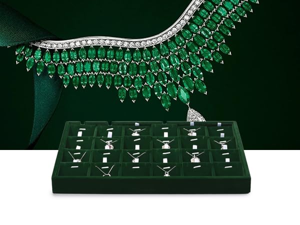 24 Grids Velvet Necklace Tray Necklace Holder Storage Jewelry Display Tray for Drawers With Removable Jewellery Cards for Bracelet Chain Pendant (Green) - size: 24 Grid with Inserts for Necklace