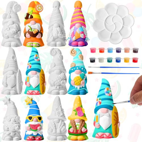 Arrowbash 6 Pcs Summer Ceramics to Paint Ready to Paint Your Own Gnome Statues 5.12 Beach Theme Paintable Figurines DIY Unpainted Ceramics Plaster Crafts Kit with Brush Palette - style: Summer