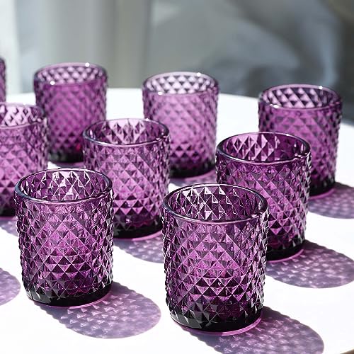 Woho 24pcs Purple Votive Candle Holders, Glass Tea Lights Candle Holder for Wedding Table Centerpiece, Studded Diamond Tealight Candle Holder for Tealight Candles/Votive Candles - color: Deep Purple