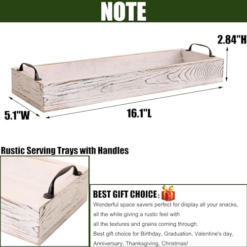 Rustic Wooden Serving Trays Rectangular with Handle,Ottoman Tray for Living Room 16 Inch Long for Serving Wine(whitewashed)