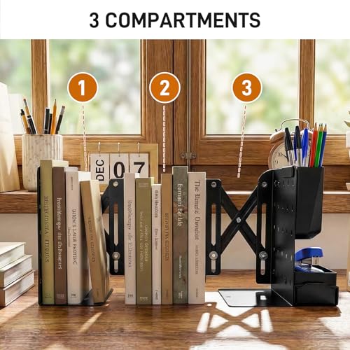 2 PCS Adjustable Bookends,19" Metal Book Ends for Heavy Books with Removable Pen Holder, Tray, and 4 Hook-up, Book Shelf Holder for Office, School, Bookstore, cookbooks