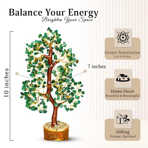YATSKIA Green Aventurine Gemstone Tree Natural Stone Feng Shui Wire Bonsai Seven Chakra Jewelry Trees of Life Necklace Good Luck Handmade Prosperity Success Stones Gift Home Office Desk Shelves Décor - color: Green Aventurine (Golden Wire)