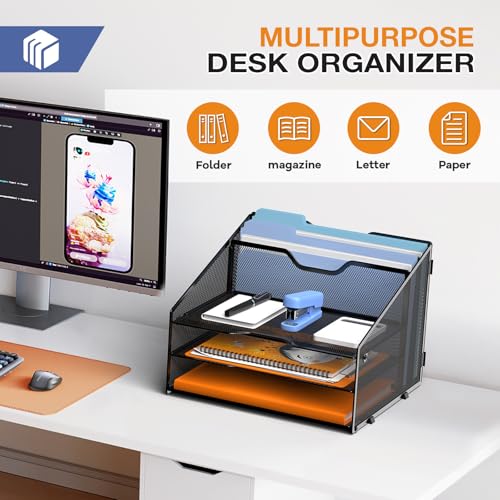 GAWERK Letter Tray Organizer, Mesh Desk File Organizer with 3 Paper Trays and 2 Vertical Upright Section (Blue) - color: Blue