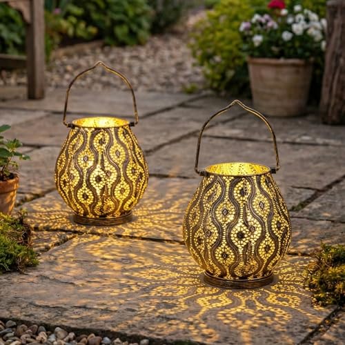TRIROCKS Set of 2 Moroccan Decorative Lamps 8'' High Cordless Lamp Metal Table Lamps with Fairy Lights Bulb for Home Living Room Garden Yard Party Events Tabletop Indoor Outdoor(Black) - color: Black