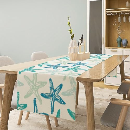 Starfish Plaid Table Flag Green Plaid and Marine Life Starfish Kitchen Table Flag Suitable for Birthday Party Restaurant Decoration Outdoor Picnic 13x36 Inch - color: Shell-7, size: W13x36L