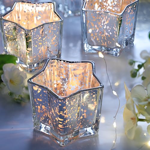 Letine 8pcs Silver Star-Shaped Candle Holders, Tea Light & Votive Candle Holders for Diwali, Wedding, Fall Table Centerpiece, Celestial Glow Jar, Lucky Star Jar & Holiday Decorations (2.44" H) - color: Silver, size: 8pcs