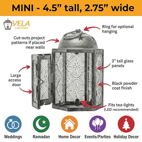 VELA LANTERNS Mini Moroccan Tea Light Candle Holder Lanterns – 4.25" Small Decorative Lantern for Table or Hanging, Metal with Glass Panels – Ramadan, Wedding, Home Decor, Aqua Blue (Set of 4) - color: Aqua Blue
