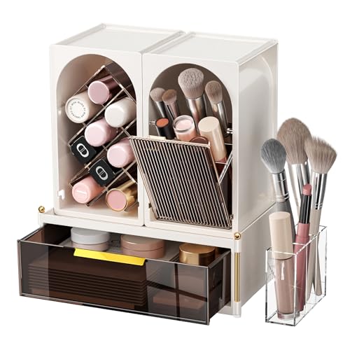 INVSSENE Stackable Makeup Organizer Countertop, Storage Perfume Skincare Cosmetic Lipstick Face Mask Makeup Brush Palettes, Ideal for Vanity Bathroom Counter - color: Coffee+White 3515