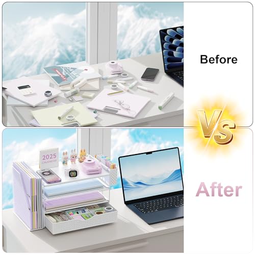 gianotter Wood Desk Organizers and Accessories with File Holder, 4-Tier Desk Accessories & Workspace Organizers with Drawer and Pen Holder, Paper Organizer for Office Supplies (White) - color: White