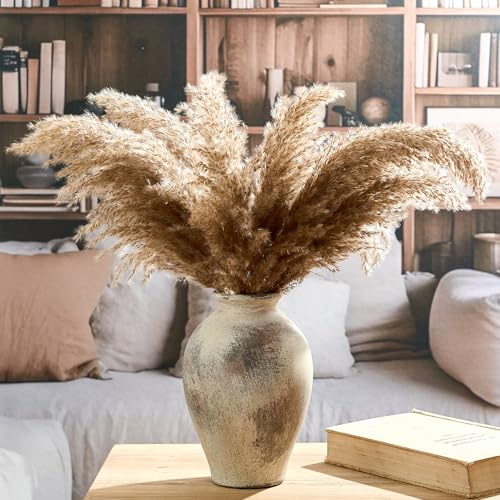 SIDUCAL Ceramic Vintage Flower Vase | 9 Inch Large Pottery Rustic Farmhouse Boho Vase for Home Decor, Table, Living Room, Bathroom, Coffee Desk, Shelf, Mantel Decoration, Wedding, Terra - color: 1009-terra