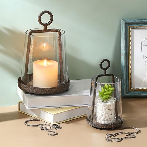 6" & 4" Wide Modern Farmhouse Metal Hurricane Candle Holder with Handmade Sturdy Glass Sleeve in Rustic Brown for Pillar Candle & Plants, Glass Hurricane Lantern, Industrial, Minimalistic - color: Brown, size: 6"x10" & 4"x7.5"