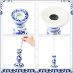 Soaoo Set of 3 Blue and White Porcelain Ceramic Pillar Candle Holder Chinoiserie Pillar Candle Holders Candlestick Decoration for Wedding Party Fireplace Table Home Centerpiece