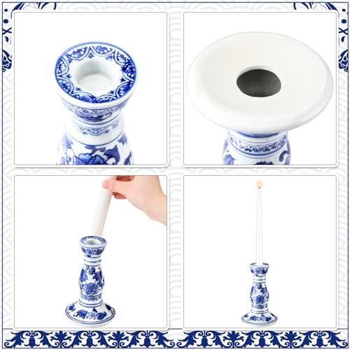 Soaoo Set of 3 Blue and White Porcelain Ceramic Pillar Candle Holder Chinoiserie Pillar Candle Holders Candlestick Decoration for Wedding Party Fireplace Table Home Centerpiece