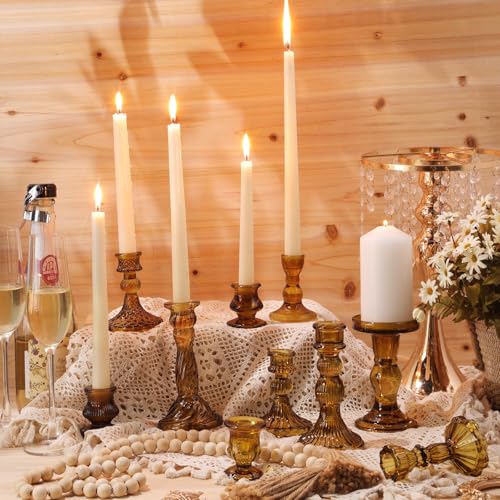 Mumufy 10 Pcs Glass Crystal Taper Candle Holders Clear Glass Candlestick Holder Fit 0.8 Inch Candles Crystal Decorative Candle Stand Centerpiece Table Wedding Dining Party (Classic,Brown) - color: Brown