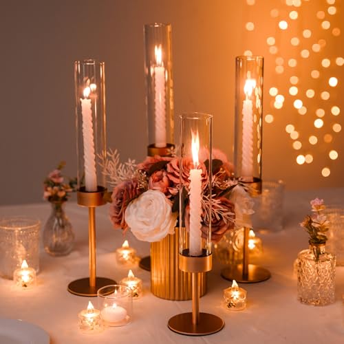 Glass Hurricane Candlestick Holders Gold - Romadedi Set of 6 Taper Candle Holder Bulk Tall Clear Glass Cylinder Table Centerpiece Wedding Decor Party Birthday Christmas Home Decorations - size: 6 PCS
